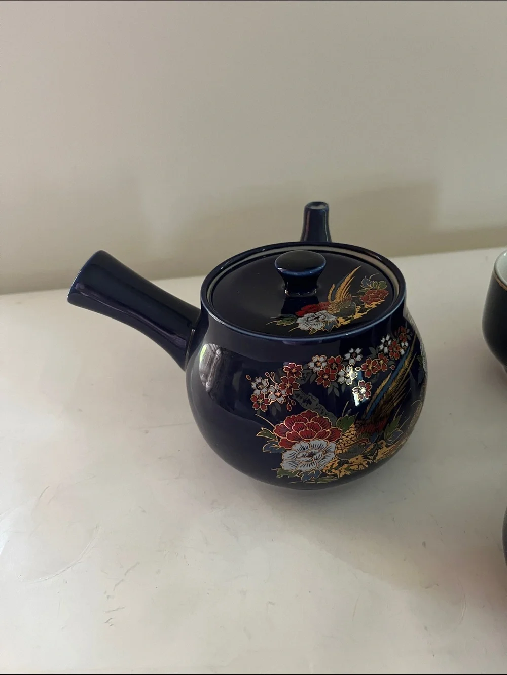 Vintage Porcelain Tea Set /side handle and 5 cups  Blue/gold with floral design